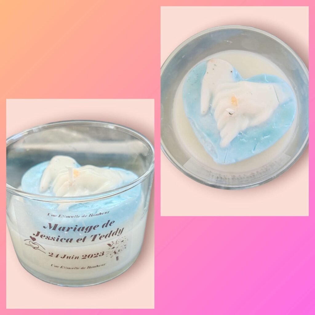 bougie pour mariage avec un cœur et deux mains qui se tiennent