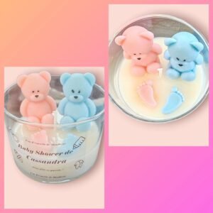 bougie pour baby shower avec deux petit oursons un rose et un bleu
