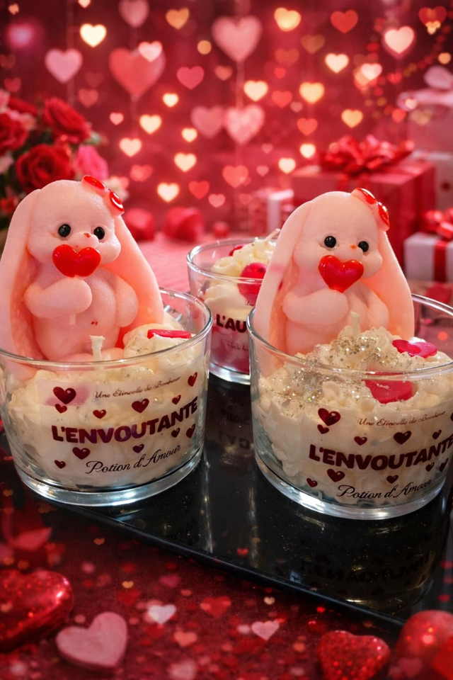bougie avec petit lapin pour Saint-Valentin